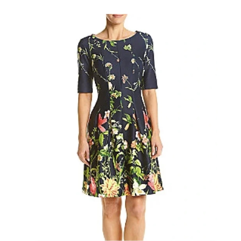 Gabby Skye Floral Blue Fit and Flare Skater Short Sleeve Dress